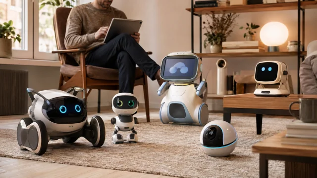 Cinq formats de robots compagnons génériques réunis dans un salon contemporain