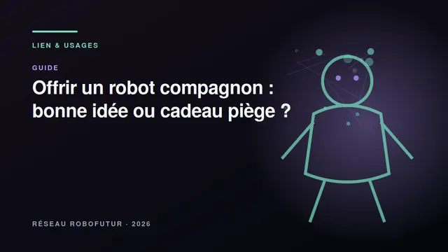 Famille offrant un petit robot compagnon à une grand-mère souriante dans un salon chaleureux