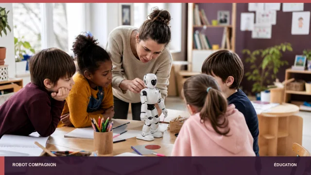 Atelier de robotique encadré par une enseignante avec plusieurs enfants.