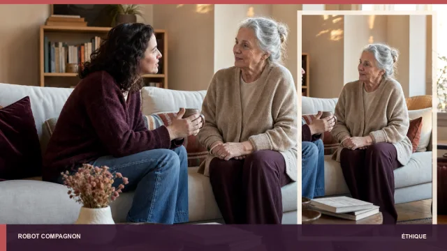 Mère et fille conversent ensemble tandis qu’un petit robot reste secondaire.