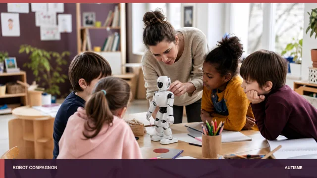 Atelier éducatif supervisé autour d’un petit robot humanoïde.