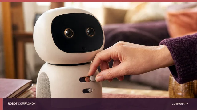 Gros plan sur les commandes physiques de confidentialité d’un robot compagnon.