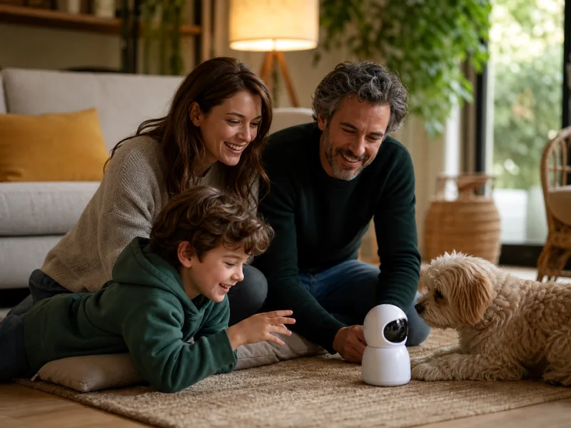 Famille et chien interagissant avec un petit robot caméra mobile générique dans le salon