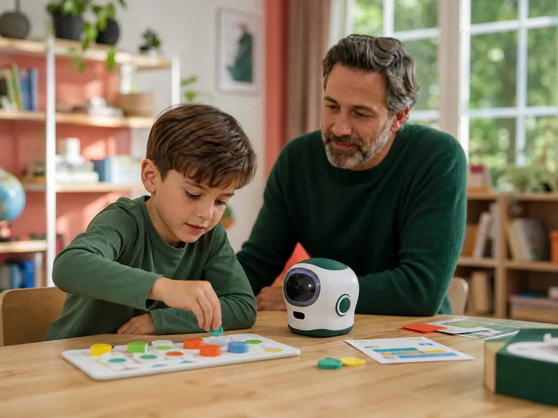 Enfant résolvant un jeu éducatif avec un robot d’apprentissage générique sous la supervision d’un parent