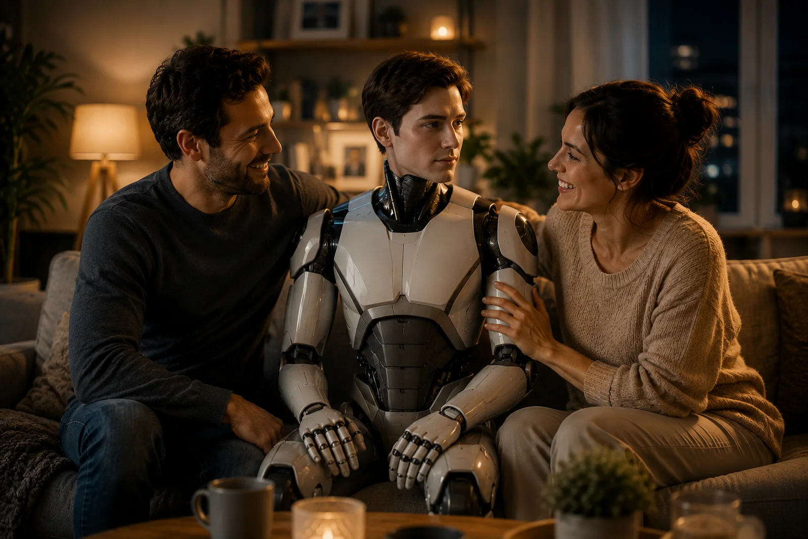 Un couple souriant installé sur un canapé avec un robot compagnon humanoïde au centre du salon